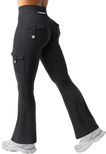 YEOREO CoreFlex Women Workout Flare Leggings with Pockets Scrunch Cargo Gym Yoga Leggings Black XL