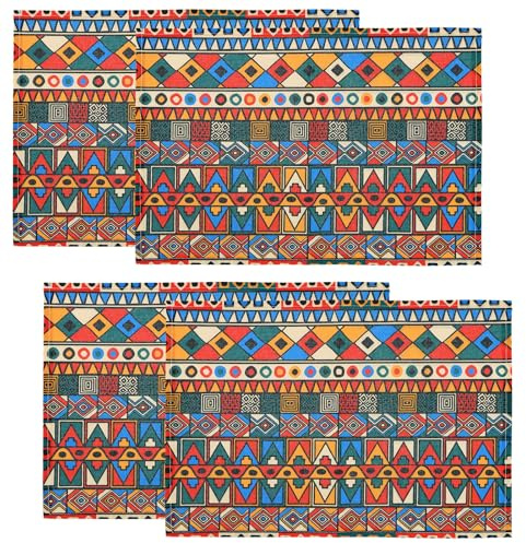 Paquete de 4 Manteles Individuales Étnicos de Lino Premium, Decorativos, con Estampados Geométricos Coloridos, 30 x 45 cm, Lavables, Ideales para Cocina, Comedor, Fiestas y El Hogar