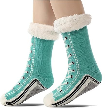 Alfven Ultra-Thick Cashmere Slipper Home Socks, Warm Stopper Socks Winter Socks Women Fluffy 4-7 Non Slip for Winter (Green)