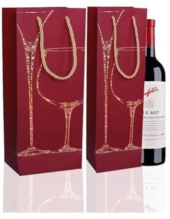 YGLONG Flaschentüten 12 Stück Handheld-Papiertüte, schwarzer Karton, vergoldetes Weinblatt, Weinbeutel, Einzel- und Doppelflasche, Bier, tragbarer Sack mit Nylonseilgriff(Wine red,Single 9x9x35cm)