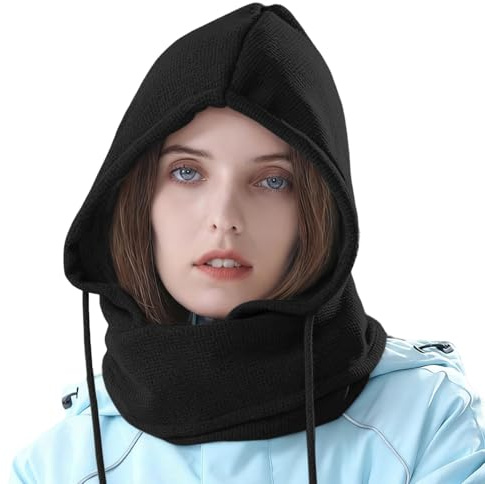 Rayson Bonnet Cagoule Femme Hiver Tricot en Polaire Capuche Echarpe Amovible Thermique Chapeau Homme avec Cordon de Serrage Légère pour Sports Ski Outdoor(Noir, Taille Unique)