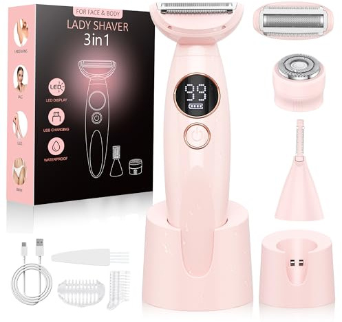 Rasierer Damen,3-In-1 Intimrasierer für Frauen,Gesichtshaarentferner für Frauen,Damenrasierer Elektrisch Nass-Trockenrasierer Ipx7 Wasserdicht Trimmer Damen,für Bikinizone Achseln Beine,USB-Aufladung