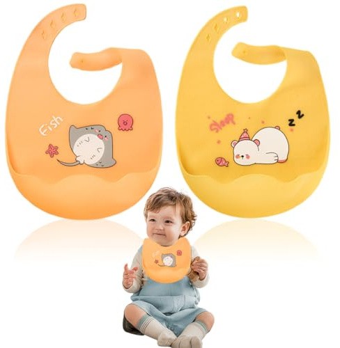 DOKRIN Fütterlätzchen für Babys 2 wasserdichte Silikonlätzchen mit verstellbaren Futtertaschen, geeignet für Säuglinge und Neugeborene