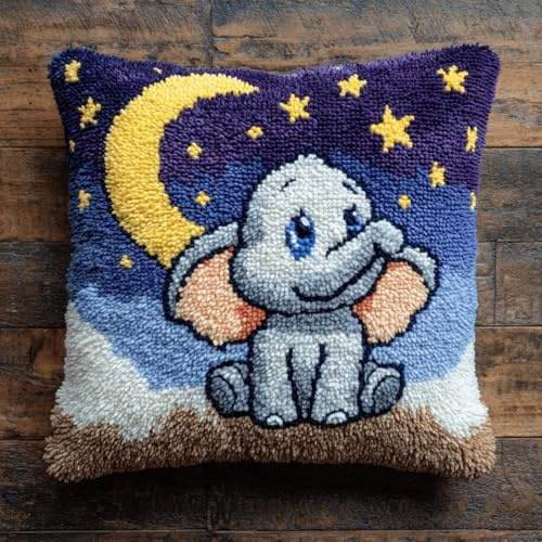 XDEGHUANGSS Kit de coussin latch hook 43x43 cm,Tapisserie point noué DIY avec motif pré-imprimé,kit de broderie fait main pour débutants et adultes,décoration intérieure(Bébé éléphant)