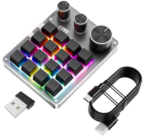 PUSOKEI 16 Keys Programmable Keyboard, 2.4G/Bluetooth/USB Wired Gaming Keypad, One Handed Macro Keypad with 3 Knobs & Volume Controller, RGB Backlit OSU Keyboard for PC (Black)