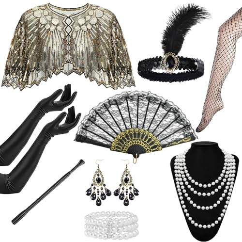 9 Stück 20er Jahre Kostüm Accessoire, 1920er Gatsby Kostüm Damen Charleston Flapper Kleid mit Schal Federstirnband Handschuhen Perlenkette Ohrringen Spitzenfächer Armband Vintage Karneval Party