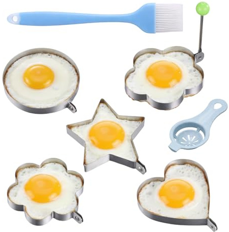 Pancake Pan and Egg Rings Set, 7-Piece Frying Kit with Pancake Mould and Egg Mould for Fried Eggs, Silver and Blue Design for Kitchen Use, Durable Non-Stick Cooking Rings