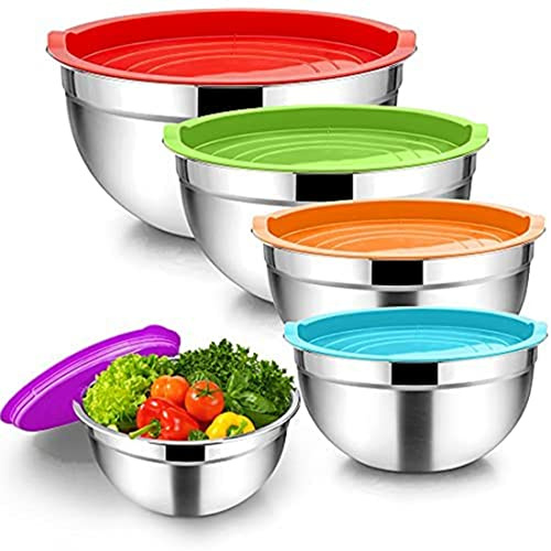 Myqqhbs Bol à MéLanger 5 PièCes, Saladier en Acier Inoxydable Bol de Service Empilable avec Couvercles HerméTiques pour la Cuisine, la Cuisson, Etc.