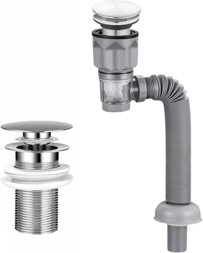Dexpally Kits Desague Lavabo,Sifón Lavabo Flexible Kits Acero Inoxidable, Tubo Extensible 300-1000 mm con Tapón Emergente, Desagüe Antiolor, 1 1/2’’ - Baño y Cocina.(Gris)