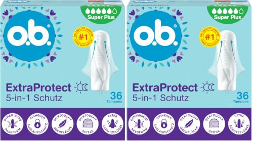 o.b. ExtraProtect 5-in-1 Schutz Tampons (1 x 36 Stk) Mit Extra Schutzflügeln Für Weltbesten Zuverlässigen Auslaufschutz Und Komfort (Packung mit 2)