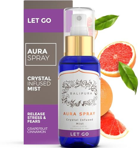 Let Go Aura Crystal Spray with Amethyst Sodalite Clear Quartz Palo Santo Crystals Pure Organic Cinnamon Grapefruit Essential Oils Handmade in Bali - 3.4 fl.oz