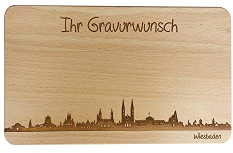 SNEG Brotzeitbrett Wiesbaden Skyline | Frühstücksbrettchen aus Buche | Holz Schneidbrett | Geschenk mit Gravur | Frühstücksbrett | Hessen (Brett L (26x16x1,5cm), 2. mit persönlicher Gravur)