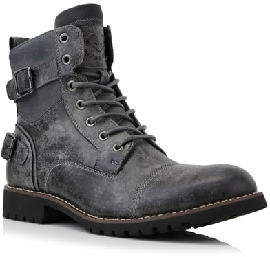 Polar Fox Men's Patrick Motorcycle Combat Boots | Military Style Cap Toe Ankle Boot with Side Zipper & Buckles | MPX808583 | in Grey, Size 9