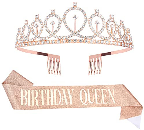 Anniversaire Couronne et Ceinture, Bandeaux Couronne Strass avec Ceinture Anniversaire pour Fille Femme Décoration de Fête (Or rose)