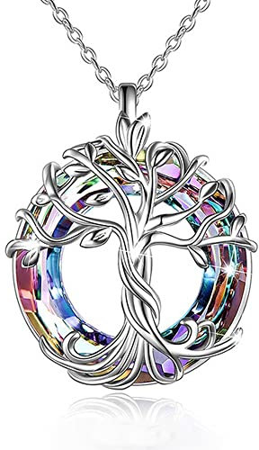 TOFBS Pendentif Arbre Vie Circulaire Cristal Multicolore Collier Argent Bijoux Femme Accessoire Symbolique
