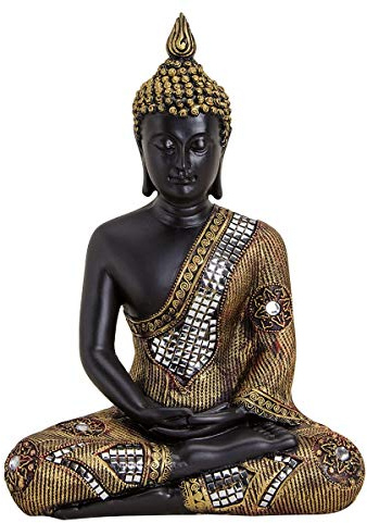 Thai Buddha-Figur, meditierend, schwarz-Gold | Dekofigur, Skulptur, Statue, Deko-Artikel, H 27 cm, Mehrfarbig
