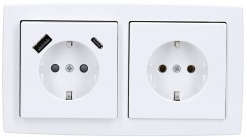 Busch-Jaeger 1x USB-Set studioweiß: 1x USB-A+C Steckdose 20 EUCB2USBAC-84+ 1x 1722-84 2-fach Rahmen + 1x 20 EUC-84 Schuko Steckdose
