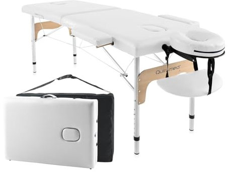 Quirumed Leicht zusammenklappbare Massageliege aus Aluminium, Farbe Weiß, 180 x 60 cm, Kunstleder, tragbar, Leichter, Abnehmbarer Kopf, Gesichtsloch, höhenverstellbar, bis zu 120 kg