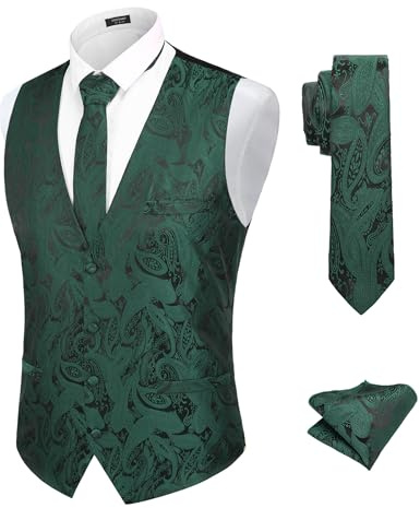 COOFANDY Conjunto de corbatas para hombre, 3 piezas, estampado de cachemira, chaleco jacquard floral y corbata, pañuelo, chalecos para traje, esmoquin, boda, gris oscuro, L