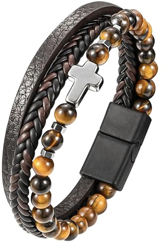 JUZICHEN 21cm Lederarmband Für Männer, Rosenkranz Armband Mit Kreuz, Schwarz Braun, Bracelet Schmuck Geschenke Für Herren Jungen (D)