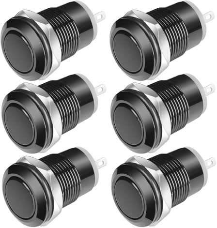 Gebildet 6st Svart 12mm Vattentät Tryckknapp Momentan Tryckknapp i Rostfritt stål På Av 2A 12V/24V/125V/250VAC (Platt huvud)