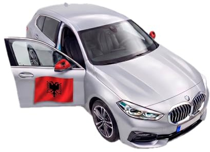 Auto Fahnen Albanien Set - 2 Außenspiegelfahnen Überzieher & 2 Magnet Autofahnen, Fußball Fanartikel FZG für EM & WM, Albanische Flagge Fahrzeug Deko