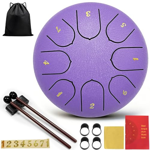 Taechalingo Zungentrommel 6 Zoll 8 Töne,Small Steel Tongue Drum,Steel Tongue Drum Klein,mit Zungentrommel Liederbuch,Schlagzeug Sticks und Stoffbeutel,Meditation Yoga Klangheilung