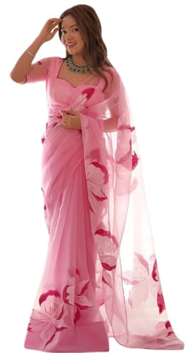 BE4ME.COM Ready to wear alia floral Printed Chiffon Saree for women 1 Min ready sari with Unstitch Blouse (Pink)