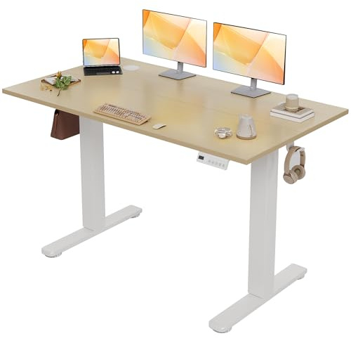 Claiks Höhenverstellbarer Schreibtisch 120x60cm, Schreibtisch Höhenverstellbar Elektrisch, Steh-Sitz Tisch mit 2 Haken und 3 Memory-Funktion, Stehpult Verstellbarer Computertisch, Standing Desk, Beige