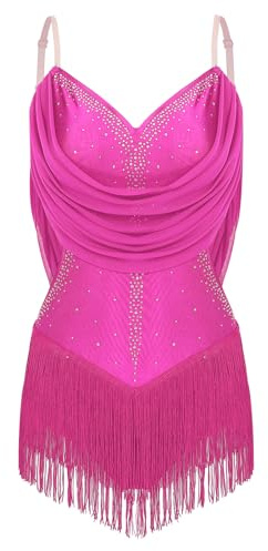Jhaoyu Women's Fringe Skirt Bodysuit Tassel Jumpsuit Latin Jazz Dance Leotard Birthday Party Evening Costume Rave Outfits Hot Pink S