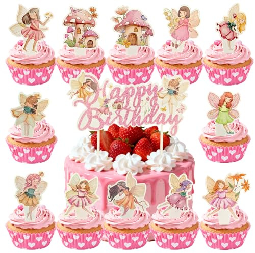 24 Feen Geburtstag Deko und 1 Fee Happy Birthday Tortendeko Glänzend, Muffin Deko Topper Cupcake, Kuchen Toppers Cake Dekoration, Mädchen Fee Tortendeko Ballerin für Party Dekoration（Pink Collection）