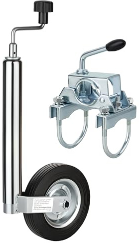 RheinParts Stützrad Vollgummireifen verzinkter Stahl mit Klemmhalter und Klemmschellen für runde Zugdeichsel inkl. Befestigungsschrauben höhenverstellbar 150kg Stützlast für Wohnwagen und Anhänger