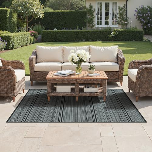 GENIMO Tappeto per Esterni 4x6 FT (120x180 cm), Impermeabile Reversibile con Strisce Grigio e Nero per Balcone, Terrazza, Giardino – Design Moderno Urbano, e Facile Manutenzione