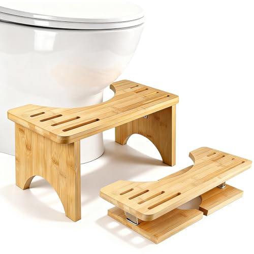 Halkfri toalettpall för vuxna, ergonomisk för att lindra förstoppning, hopfällbar och bärbar bambupall för förbättrad tarmtömning