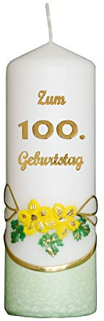 Meissner-Handel Auswahl * Jubiläumskerze/Geburtstagskerze ''Zum 100. Geburtstag'' * grün * mit farbigen Wachsauflagen * (Motiv 002) Auswahl Motiv + Farbe