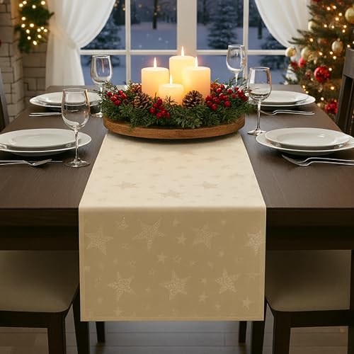KAMACA Lotus Effekt Läufer Magic Stars mit Sternen Motiv - Fleckschutz Flüssigkeiten perlen ab farb- & formstabil stilvoller Glanz Advent & Weihnachten (Tischläufer 40x140 cm, Champagner/Creme)