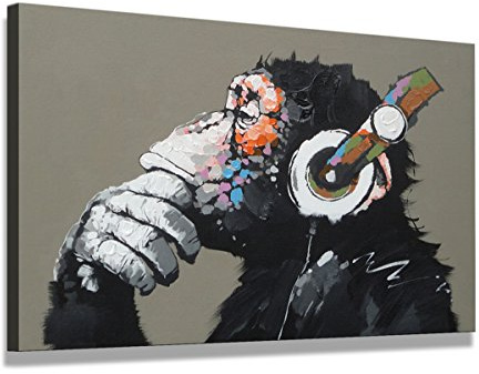 Visario Leinwandbild Affe mit Kopfhörer — buntes Wandbild Tiermotiv auf Leinwand fertig gerahmt — 80x60 cm 4002