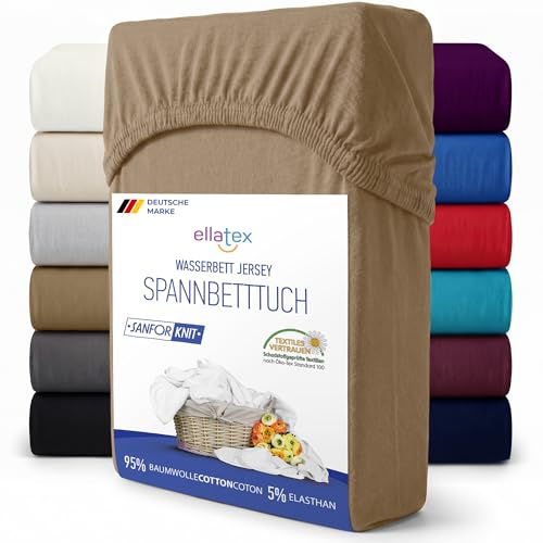 EllaTex Spannbettlaken 200x220–220x240 XXL extra hoch 40 cm – 200 g/m² Baumwolle-Elastan, Spannbetttuch für Boxspringbett & Wasserbett, elastisch & langlebig, Farbe: Sand