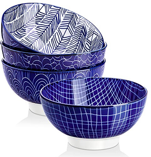 vancasso Takaki, Set 4 Pezzi Servizio da Ciotole in Porcellana Set di Zuppiere Ceramica Combinazione, Ciotole per Cereali， Ciotole da Snack Dolce, Fruttiere e Insalatiere Colore Blu per 4 Persone
