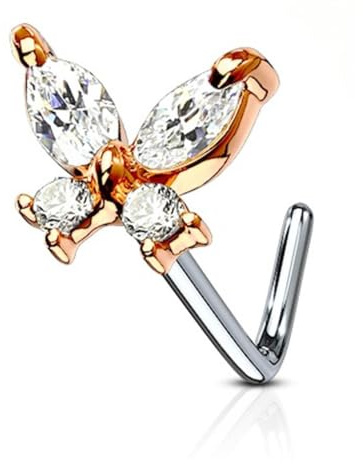Tapsi´s Coolbodyart® Nasenpiercing L Stecker Gebogen Chirurgenstahl 316L RoséGold Zirkonia Schmetterling Klar