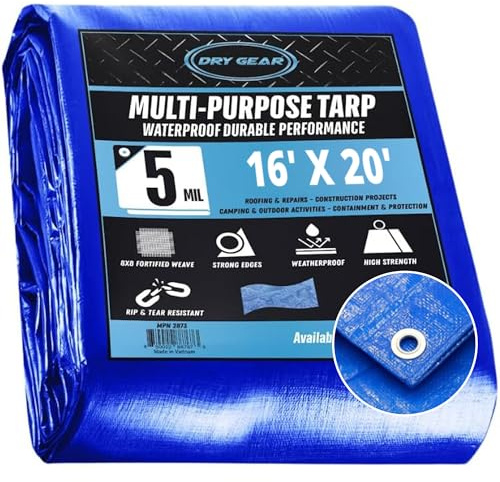Dry Gear Tarps 16x20 Blue Tarp Waterproof – 5 MIL Thick Tarpaulin Outdoor Cover - Multipurpose Protection Poly Tarp for Camping, Tent, Roof, Patio, Pool, Floor, Furniture, Boat, Truck Beds, Pack of 1