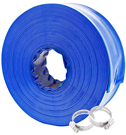 Poolvio Tuyau de lavage à contre-courant professionnel bleu de 3,8 cm x 30,5 m avec pinces, tuyau d'évacuation d'eau en PVC renforcé à usage général, pour une utilisation lors des filtres de lavage à