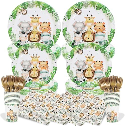 Safari Jungle Baby Shower Plates Set Decorations Wild One Birthday Party Decorations Serves 25,Sage Green Plates Napkins Cups and Forks Animals Theme Disposable Tableware Set