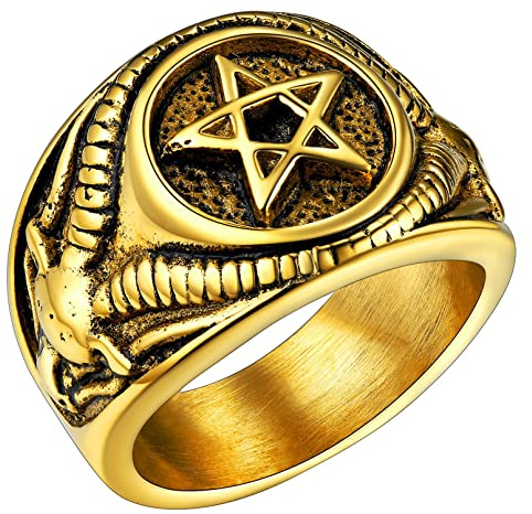 FaithHeart gold Herren Männer Ring Satanic Pentagram Fingerring Inverted Pentagram Ring Punk Siegelring Biker Ring für Weihnachten Geburtstag