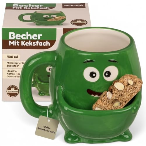 MIJOMA Henkelbecher mit Keksfach – Lustige Tasse aus Dolomit, 400 ml, origineller Kaffeebecher mit Snackfach, witziges Mitbringsel für Keks- & Teeliebhaber (Monster grün)