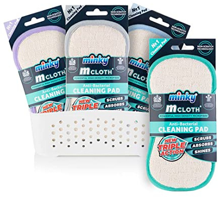Minky 4 Triple Action Antibacterial Pads with Storage Basket | Kitchen Cleaner | Dual Sided Sponge | Non Scratch Sponge | Cleaning Products | Cleaning Supplies | Sponges