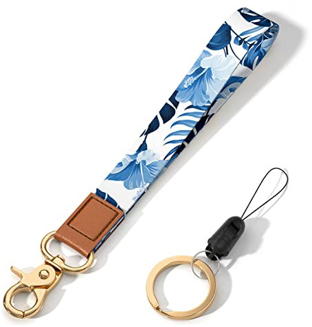 Hsxnam Wrist Lanyard Key Chain, Cute Wristlet Strap Keychain Holder for Women Men Car Keys ID Badges Card Wallet Phone Camera, Blue Leaves, Medium