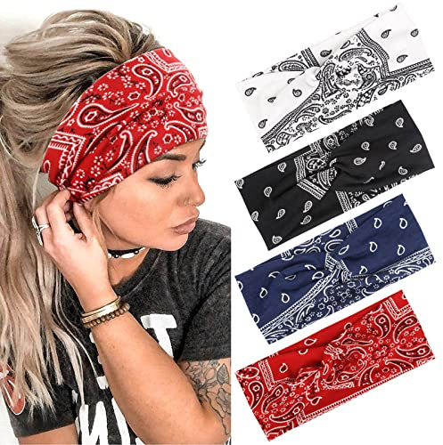 AKTVSHOW Headbands for Women Knotted Headband Elastic Head Bands Women's Hair Band Non-Slip Turban Printed Stylish Sport Sweat Hair Wrap for Girls Cute Hair Accessories 4PCS
