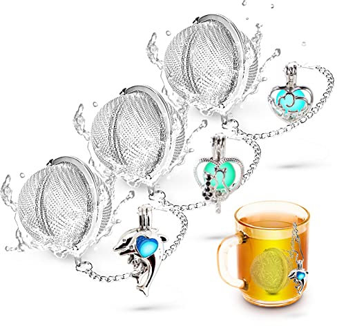 Sanavie Lot de 3 infuseurs à thé en vrac en acier inoxydable à mailles fines - Infuseur à thé en vrac - Brille dans le noir - Joli pendentif en forme de cœur avec breloques éléphant, chat, dophine