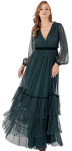 Anaya with Love Abito Lungo da Donna per Capodanno con Scollo A V Finto Avvolgente A Maniche Lunghe, A Vita Alta, Colore Verde Smeraldo Vestito, 44